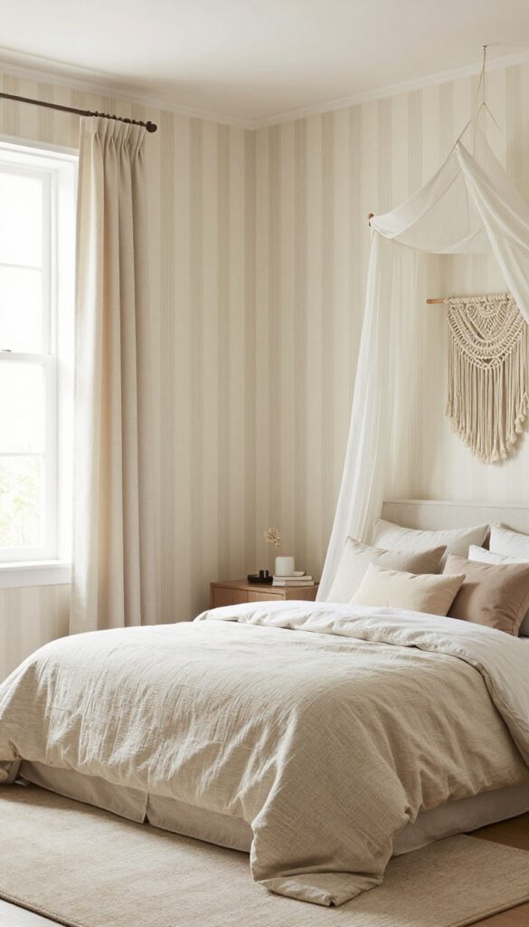 Girl's bedroom with gentle vertical stripe wallpaper in earthy neutrals, soft beige and clay tones, creating a calm and spacious feel with layered bedding and boho decor.