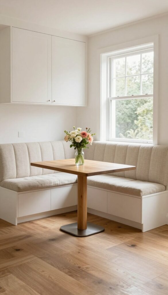 Cozy kitchen banquette with upholstered backrest, natural light, and simple decor.