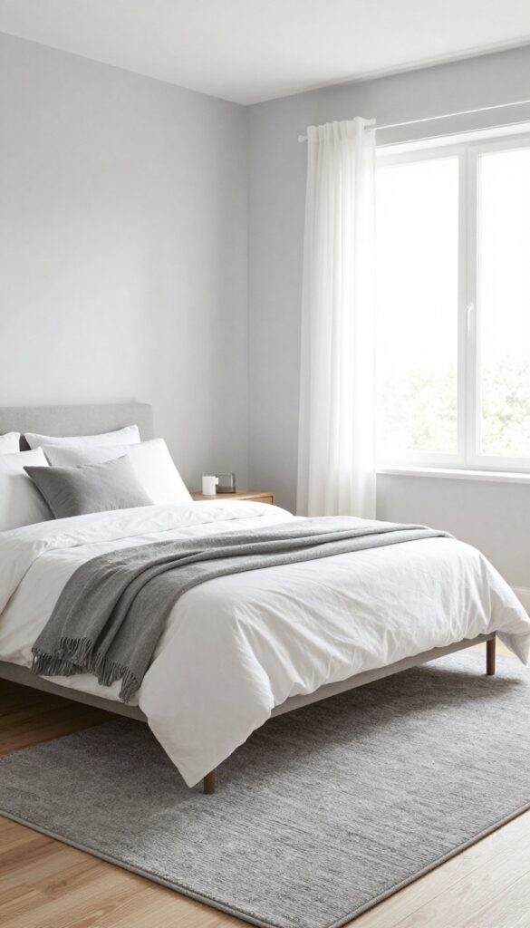 Modern bedroom with a grey rug under a bed, natural light, minimalist decor.