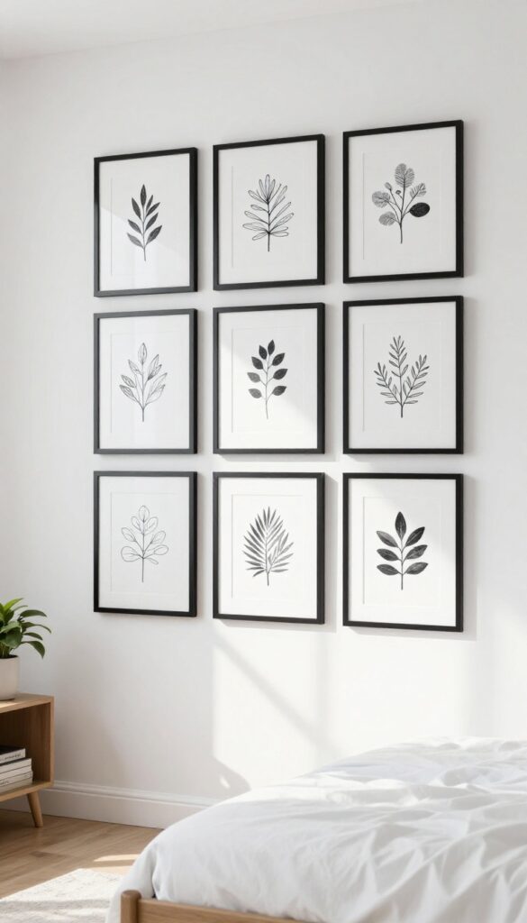 Black framed art on white walls in a bright, minimalist bedroom