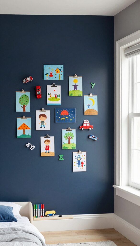 A boy's bedroom with a navy magnetic wall displaying artwork and toys, with a ledge underneath for supplies, in bright natural light.