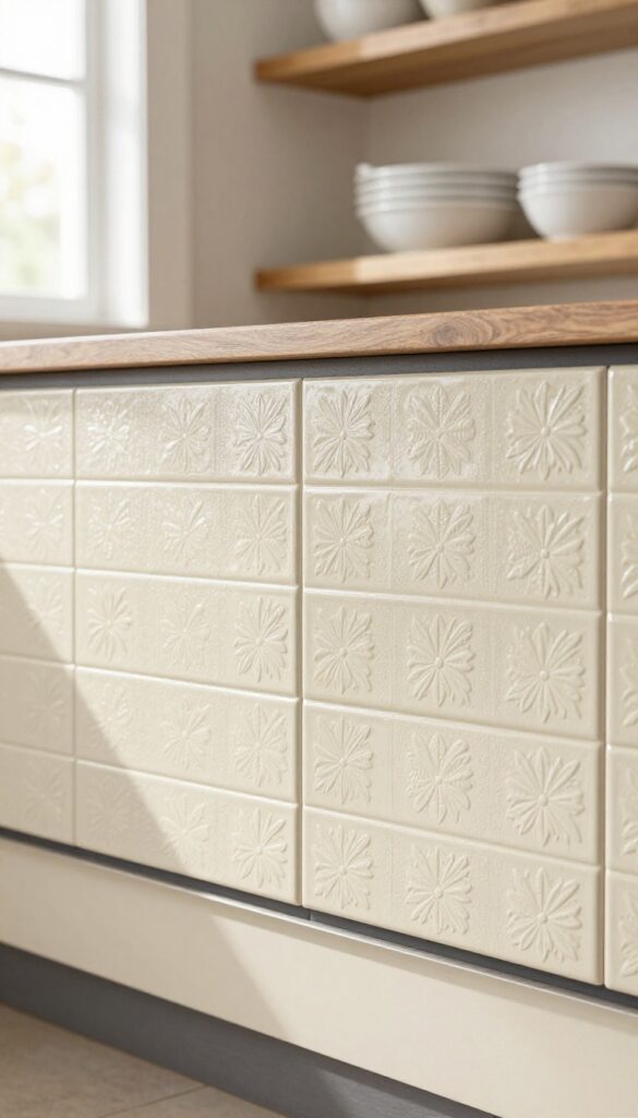 Pressed tin ceiling tiles used as a farmhouse kitchen backsplash with embossed floral pattern, matte cream paint, and black metal trim.
