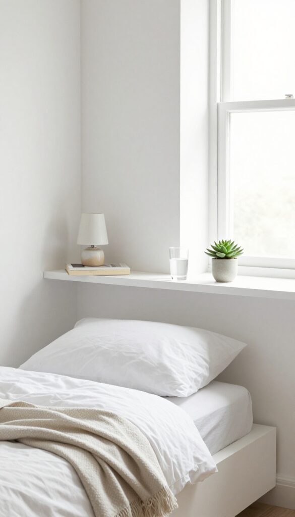 Floating shelf serving as a nightstand beside a bed in a small guest bedroom, with lamp, book, and glass on shelf.