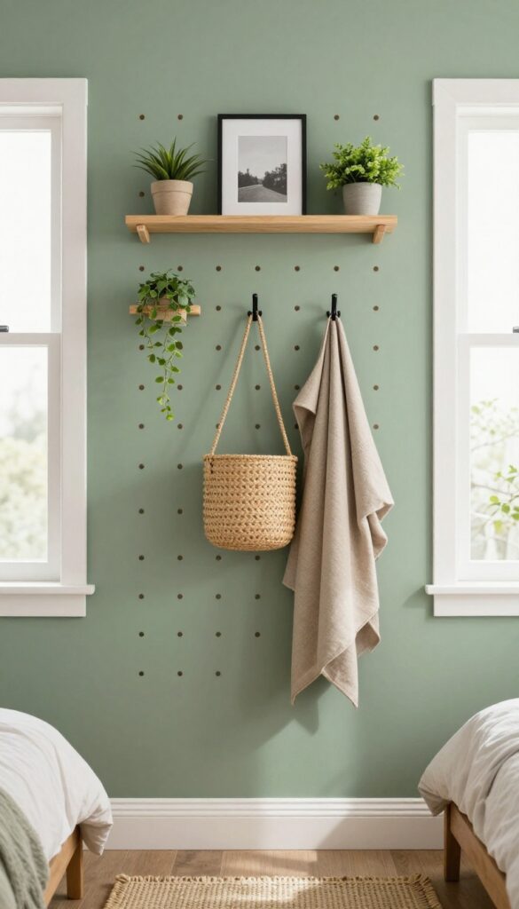 A cozy guest room featuring a warm sage green pegboard wall with wooden shelves, black hooks, and brass accents, holding plants, a framed photo, a woven basket, and a coat.