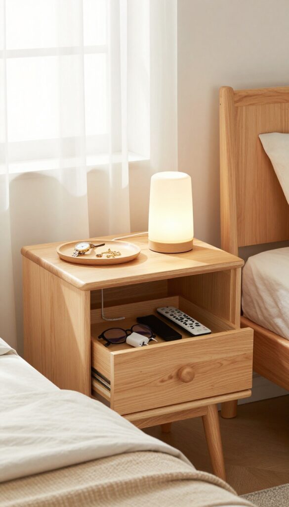 A guest bedroom nightstand with a drawer open showing charger and glasses, lamp and tray on top, bright natural light.