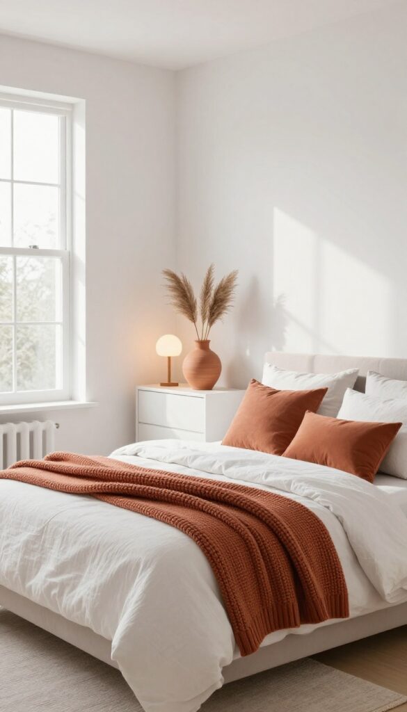 Minimalist white bedroom with terracotta accents including throw pillows, vase, and floor lamp