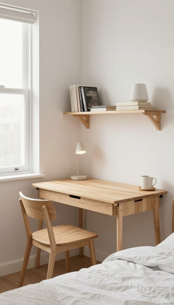 Wall-mounted fold-down desk in a small bedroom with shelves above, natural light, clean and airy feel.