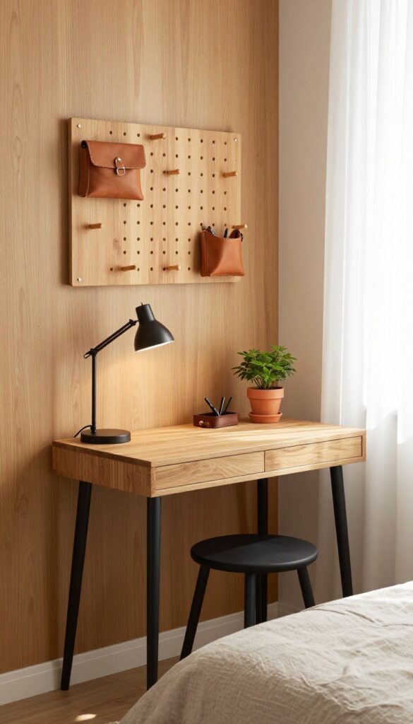 Small bedroom with wall-mounted wooden desk, slim stool, warm lamp, plant, and pegboard, bright natural light, cozy and organized.