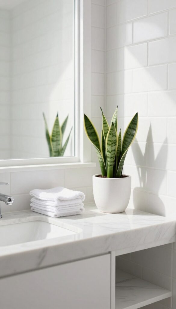 Small guest bathroom with a snake plant in a white pot on a marble countertop, bright natural light, clean and serene atmosphere.