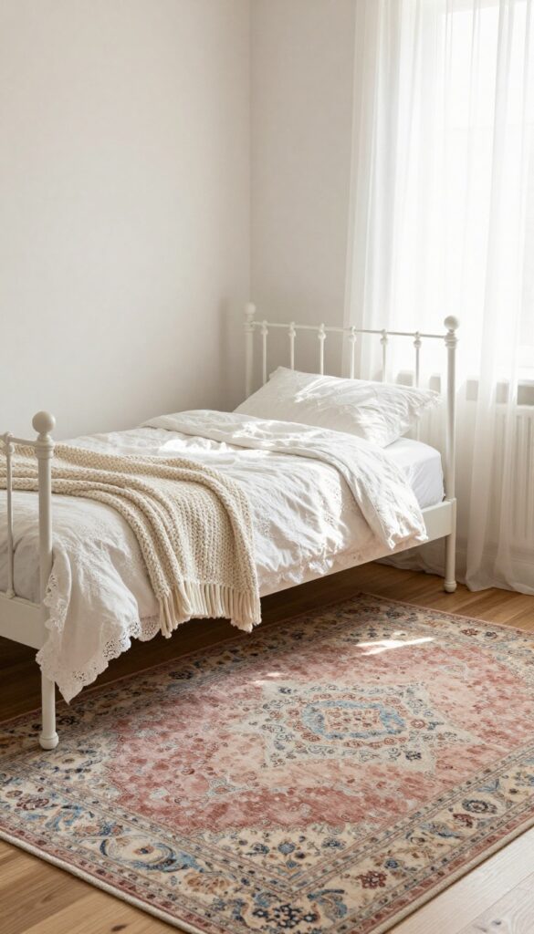 Vintage girls bedroom with a faded Oriental rug under a white iron bed, lace bedding, and soft natural light.