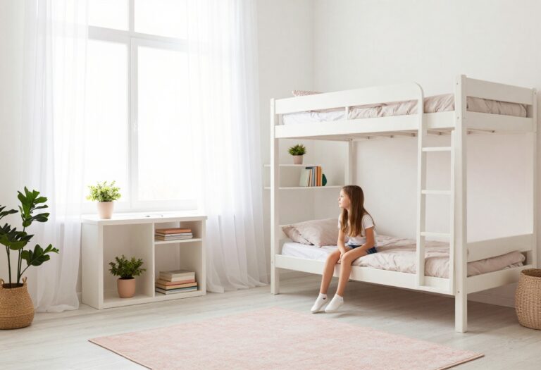 Teen girl bedroom with loft bed, desk underneath, and soft pink decor