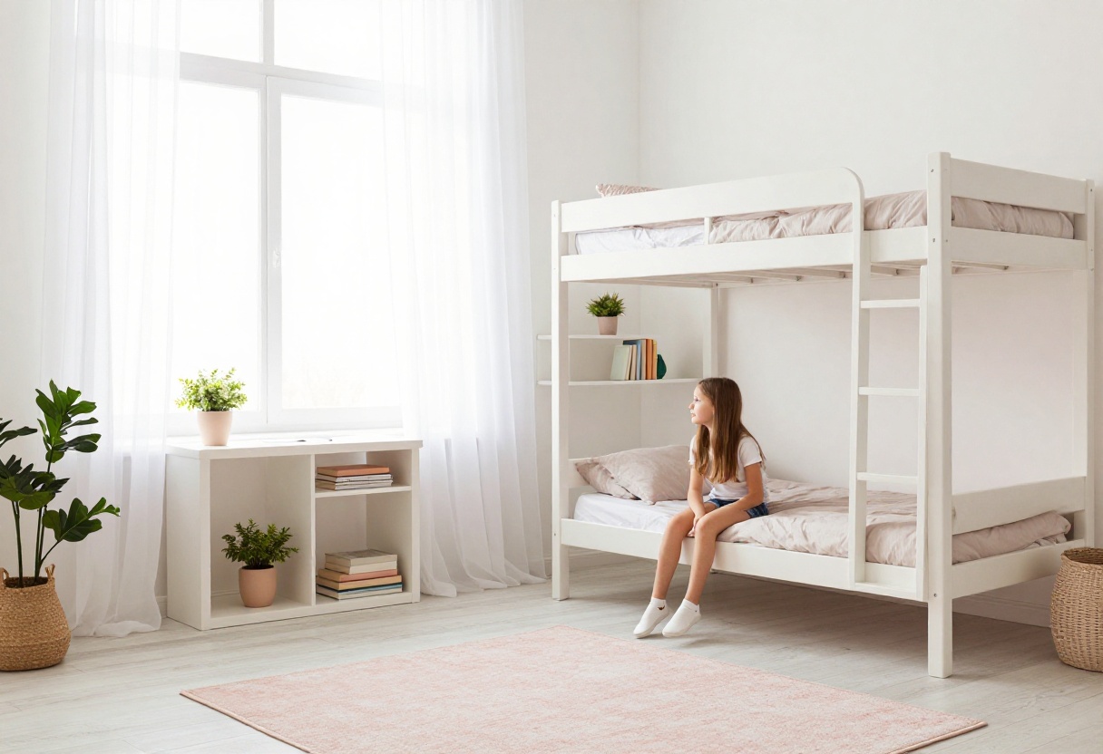 Teen girl bedroom with loft bed, desk underneath, and soft pink decor