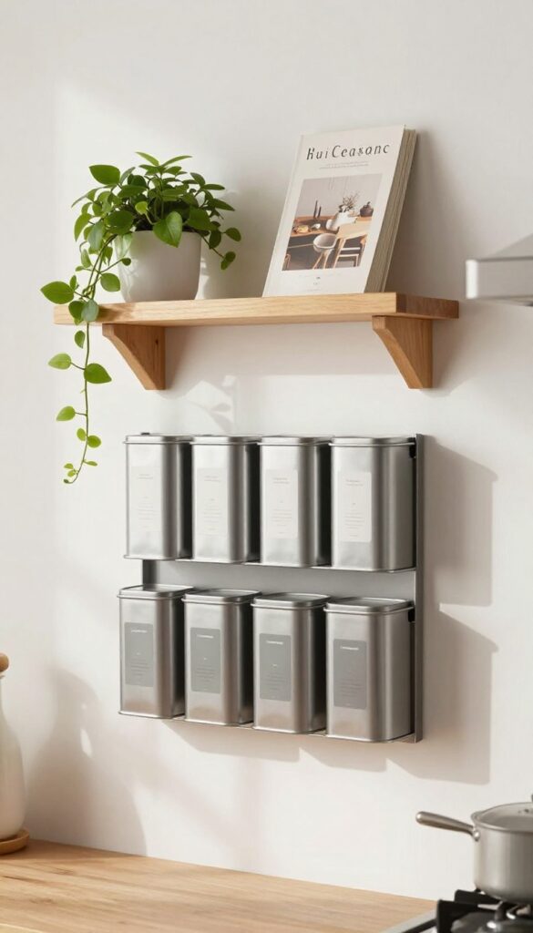 Magnetic spice rack on kitchen wall with uniform tins, plant, and cookbook