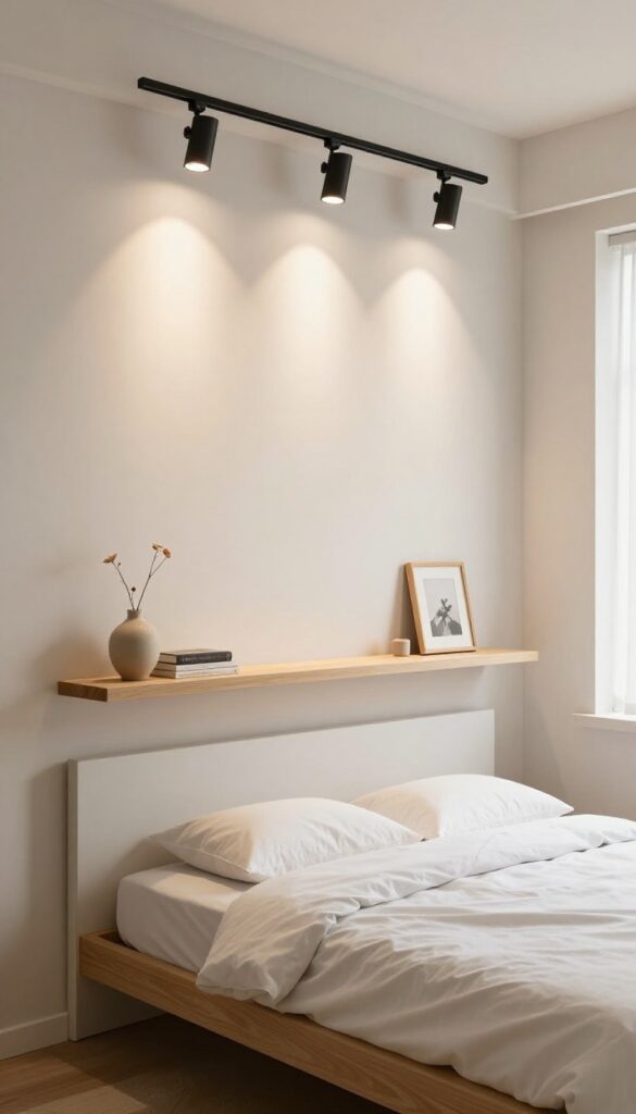 Bedroom with floating shelf above bed and track lighting, minimalist decor, bright natural light