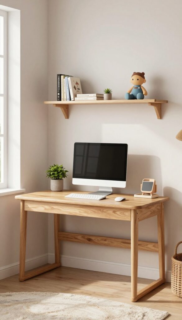 Kids gaming bedroom with warm wood desk and shelf, natural light, cozy vibe