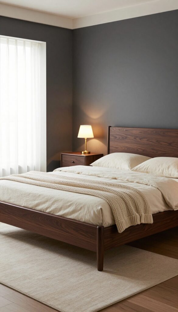 Dark wood bedroom with warm tones, cream textiles, and natural light