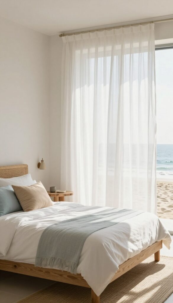 Beach bedroom with sheer white curtains filtering sunlight, creating a light and airy coastal retreat.
