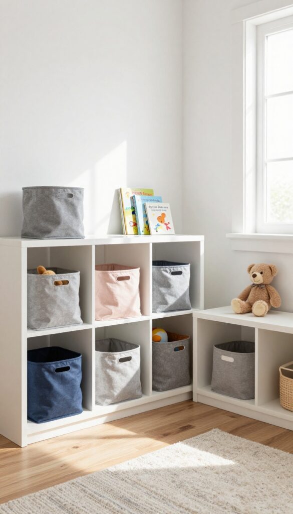Low wall-mounted shelves with fabric bins in a child's bedroom, organized and tidy, with soft natural light.