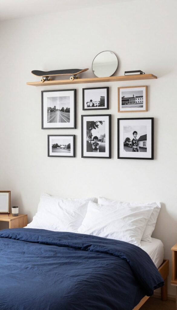 Gallery wall with personal touches in a teenage boy's bedroom