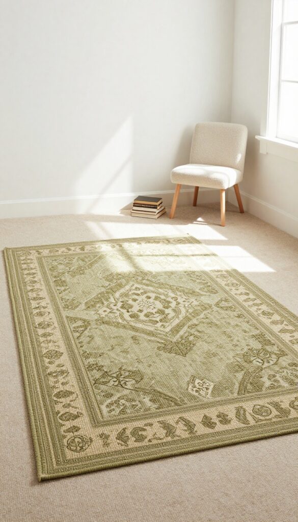 Layered green rugs over neutral carpet in a bright girls' bedroom with a cozy reading nook.