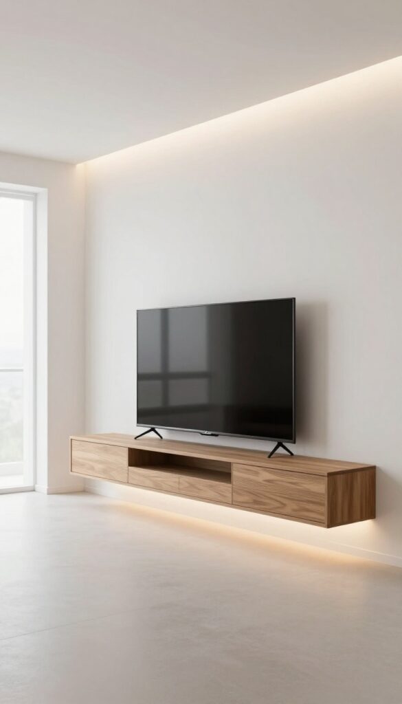 Floating TV stand with LED lighting in a bright, airy living room