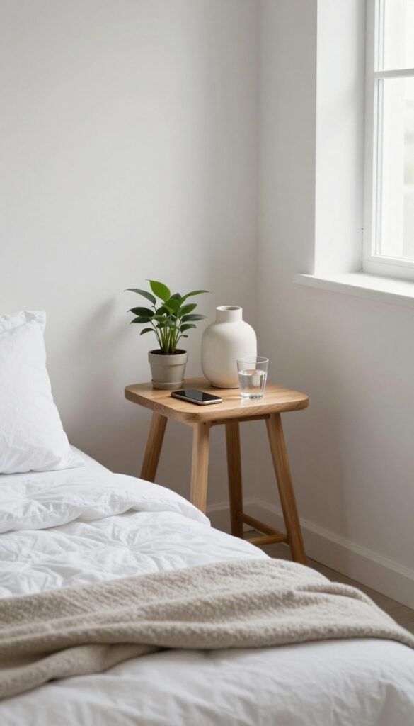 Small bedroom with a wooden stool used as a multi-functional nightstand, holding a lamp, water glass, and phone, with a plant nearby.