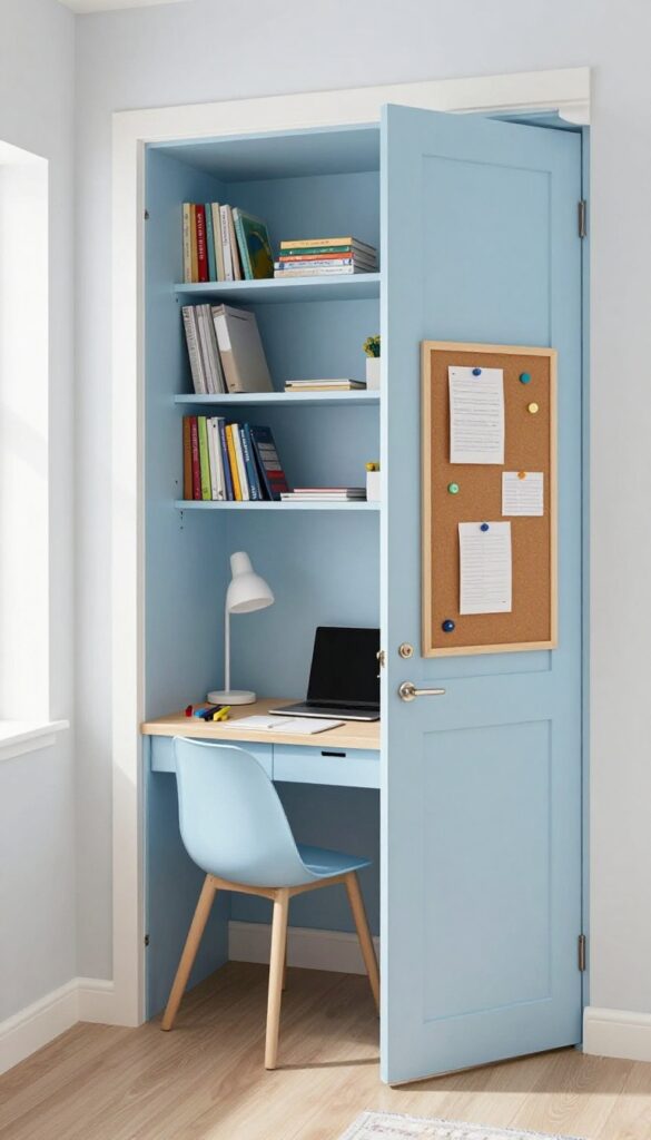 L-shaped desk inside a closet in a child's bedroom, with shelves and drawers, pale blue interior, and a corkboard on the door.