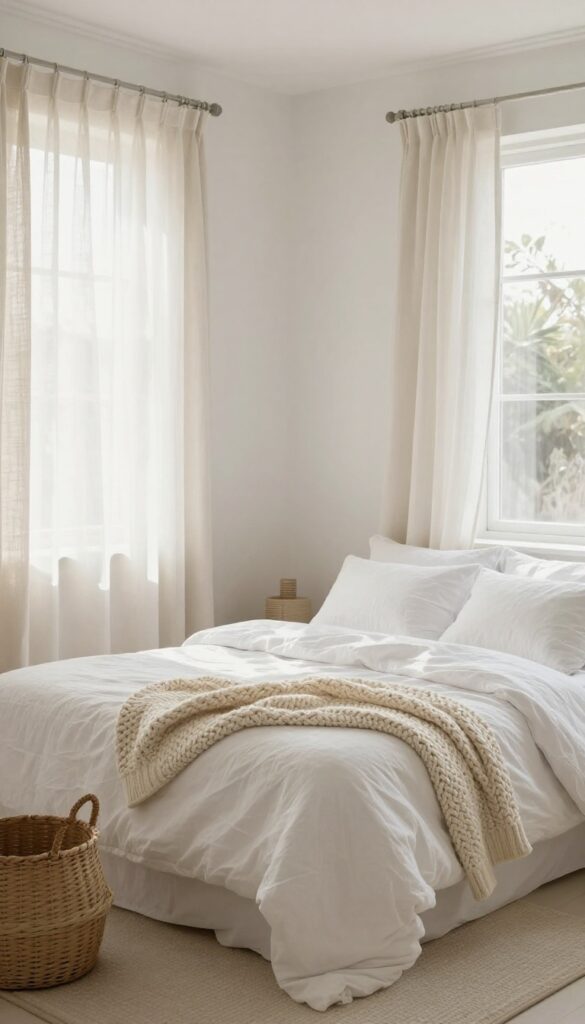 Beach bedroom with natural linen bedding, cotton throw, and woven basket in soft coastal light.