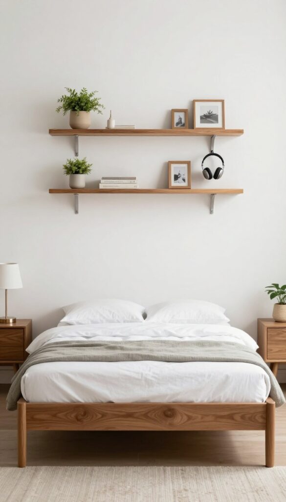 Small bedroom with floating shelves instead of nightstands, minimalist decor, warm wood tones