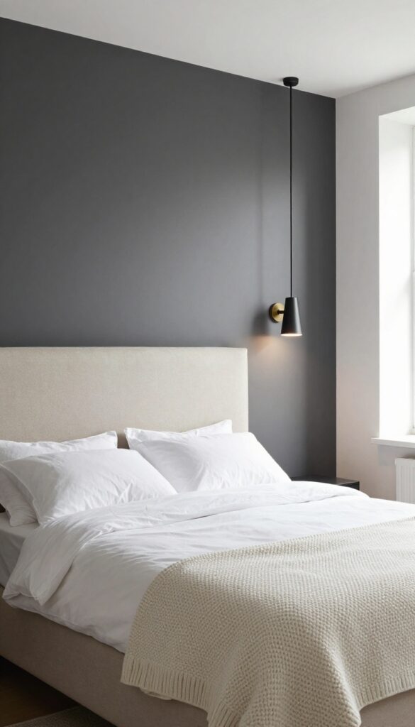 Modern bedroom with charcoal accent wall, light bedding, and brass sconces
