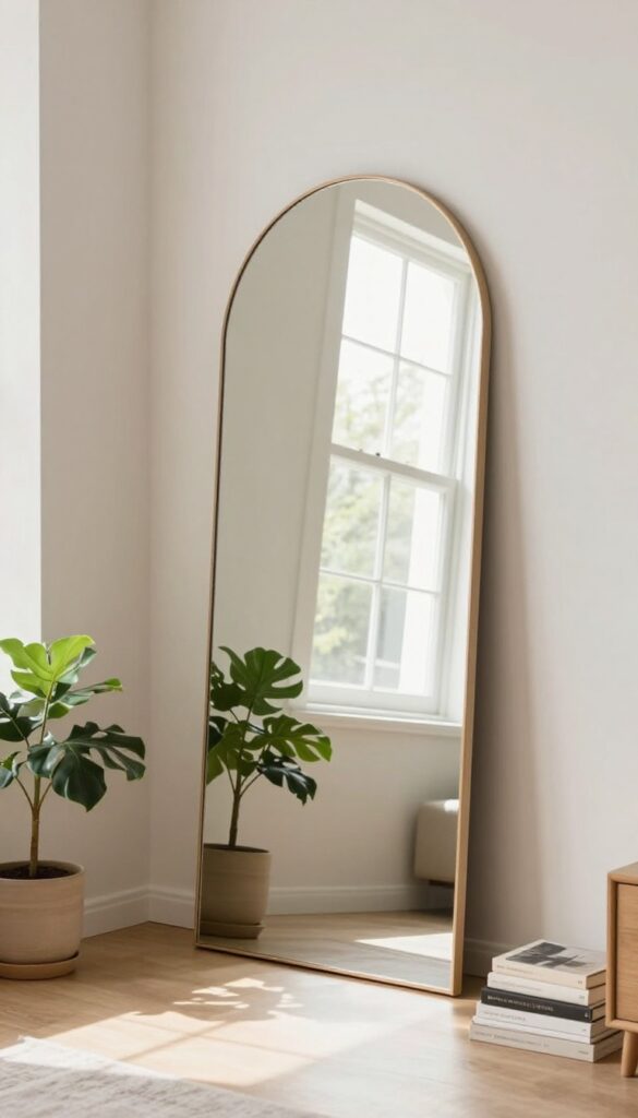 A large arched mirror leaning against a wall in a bright small apartment living room, reflecting a window and greenery, with a plant and books at the base.