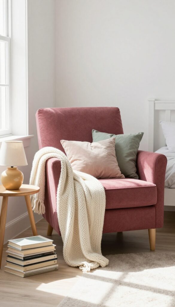Cozy reading nook in a small bedroom corner with a plush armchair, side table, lamp, and soft textiles.