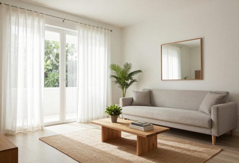 Light and airy living room with neutral decor, sheer curtains, and natural light