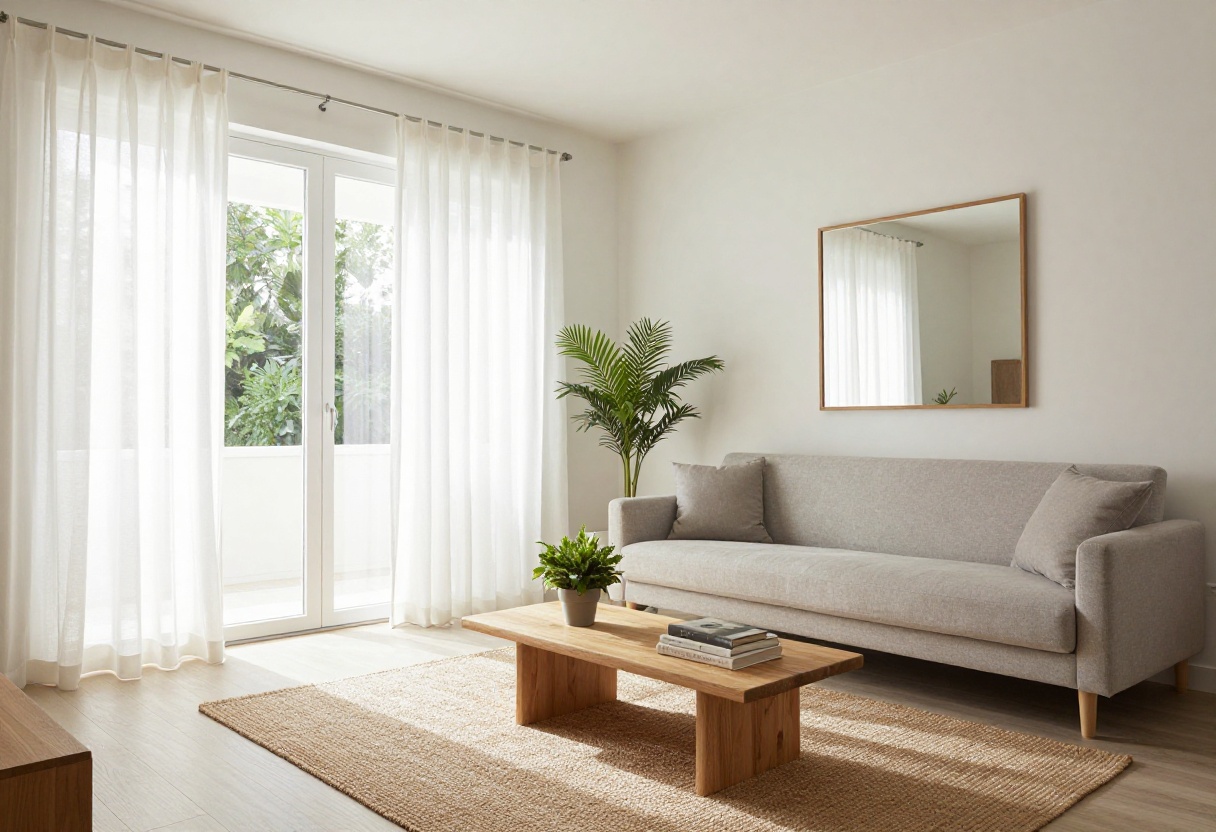 Light and airy living room with neutral decor, sheer curtains, and natural light