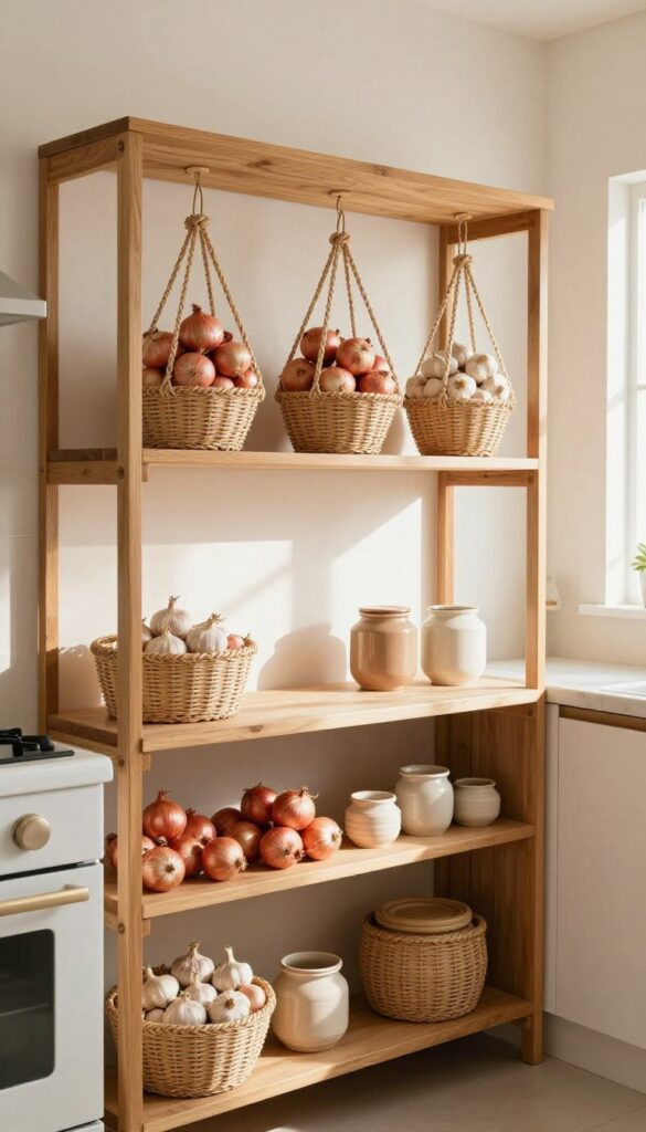 Under-shelf hanging baskets in a small Indian kitchen storing onions and garlic, with natural light and clean composition.