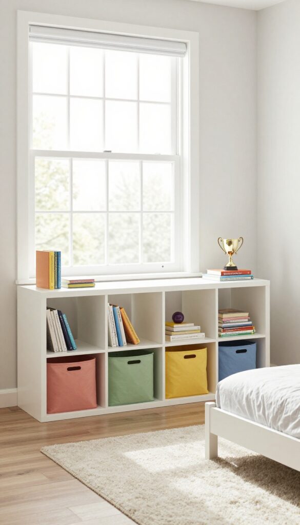 Stackable storage cubes under a window in a boy's bedroom, with fabric bins and a few displayed items.