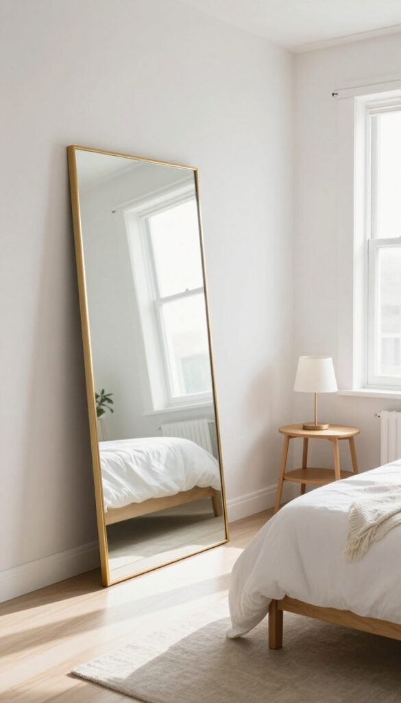 A large mirror leaning against a wall in a small bedroom, reflecting light and making the space appear larger.