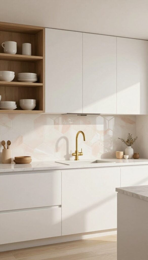 Glossy hexagon tile backsplash in warm white and blush, modern kitchen with white cabinets and brass faucet