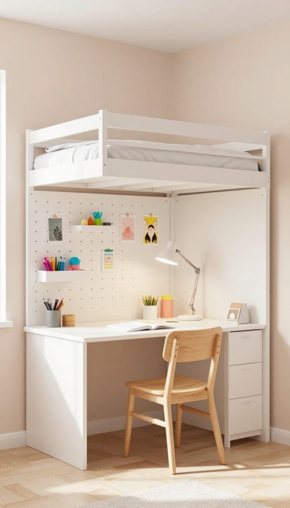 Wall-mounted desk under a loft bed in a small bedroom with pegboard and task lamp