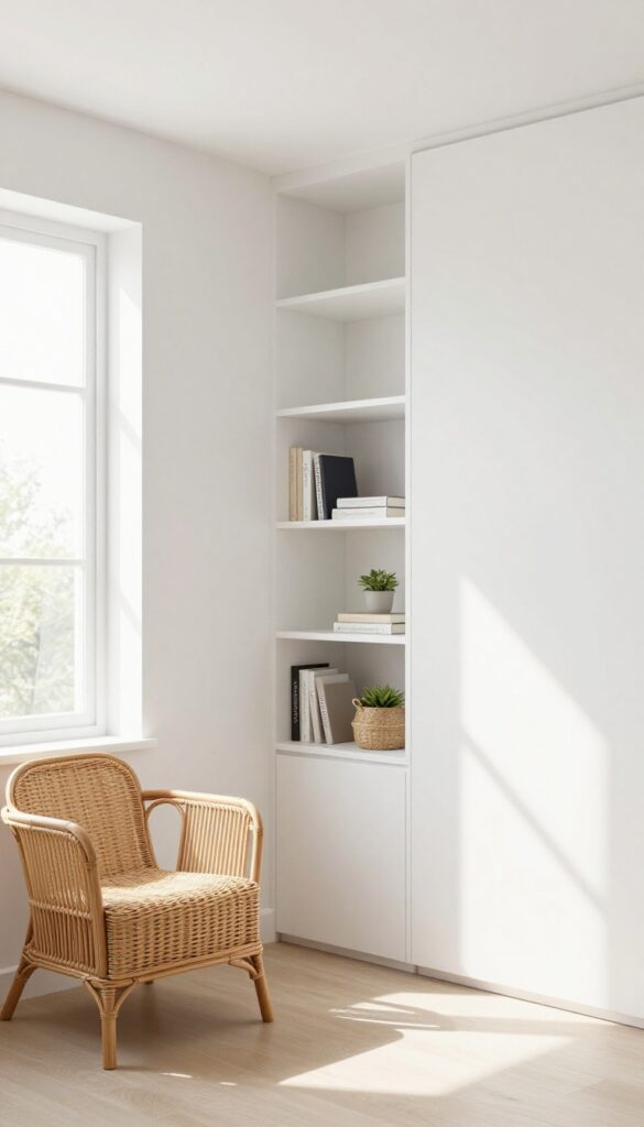 Small bedroom with soft white walls and built-in shelving, featuring a rattan chair and minimal decor.