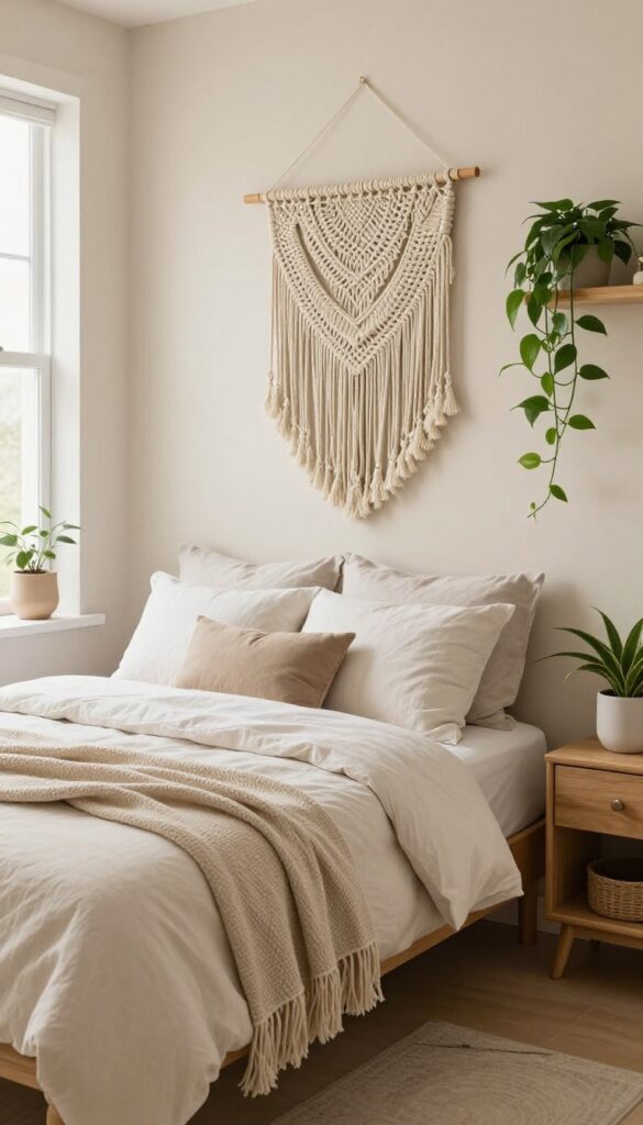Neutral beige bedroom with macrame wall hanging and trailing greenery plants
