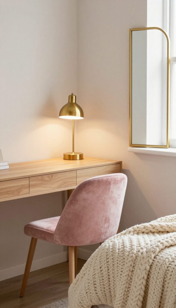 Warm brass desk lamp and gold mirror paired with blush pink velvet throw and chunky knit blanket in a bright teen girl's bedroom