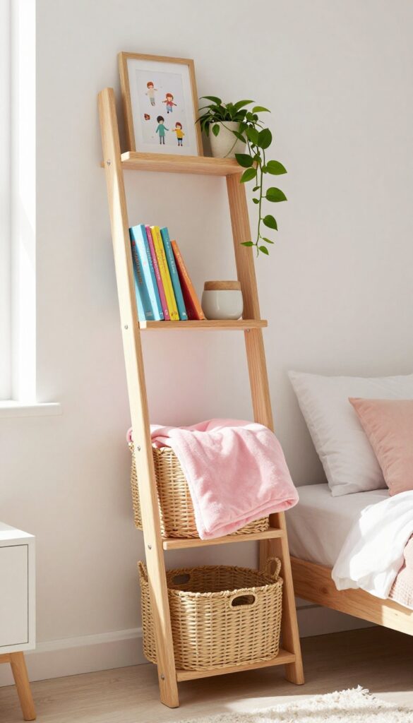 A leaning ladder shelf with woven baskets and a trailing plant in a bright girl's bedroom