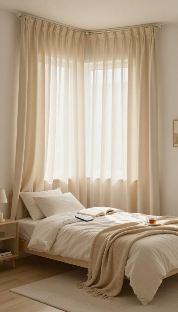 Small bedroom with blackout curtains and layered sheer curtains, creating a dark and cozy sleep environment for couples with different schedules.