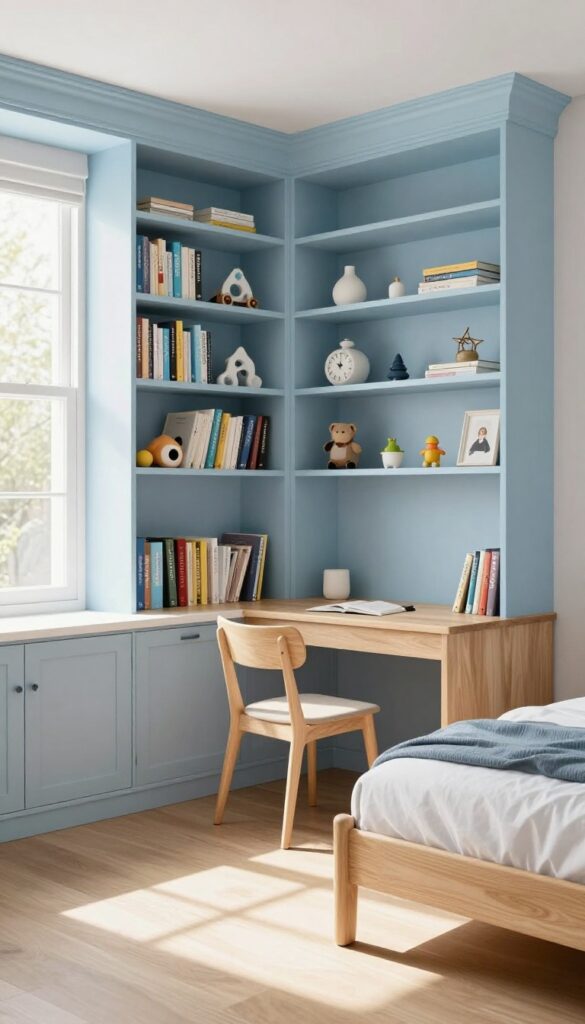 Boy's bedroom with pale blue floor-to-ceiling built-in shelves filled with books and toys, wooden desk and bed, sunlight streaming in.