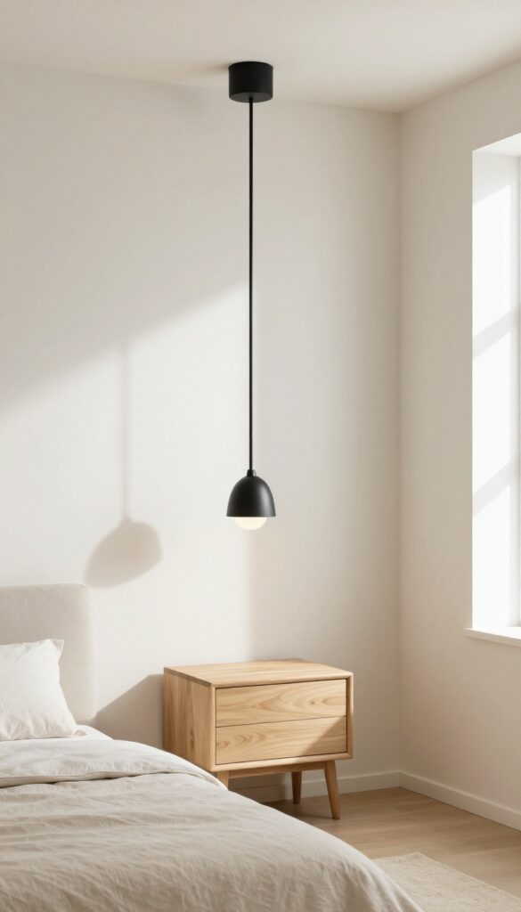 Small bedroom with a statement black matte light fixture, neutral decor, and natural light
