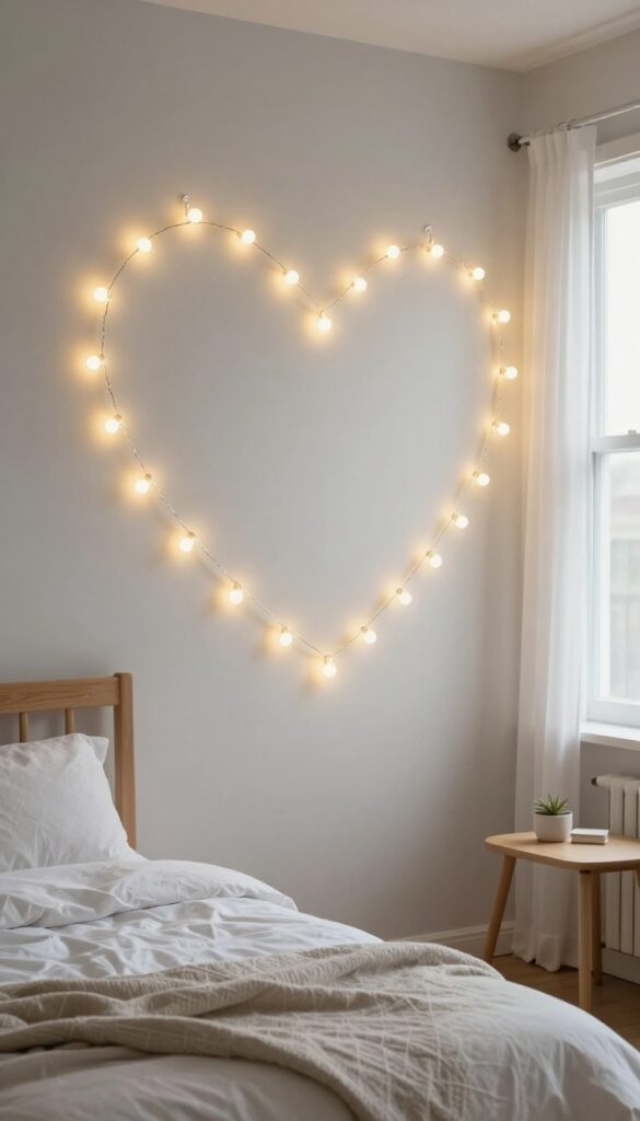 String lights arranged in a heart shape on a bedroom wall, creating cozy and magical atmosphere.