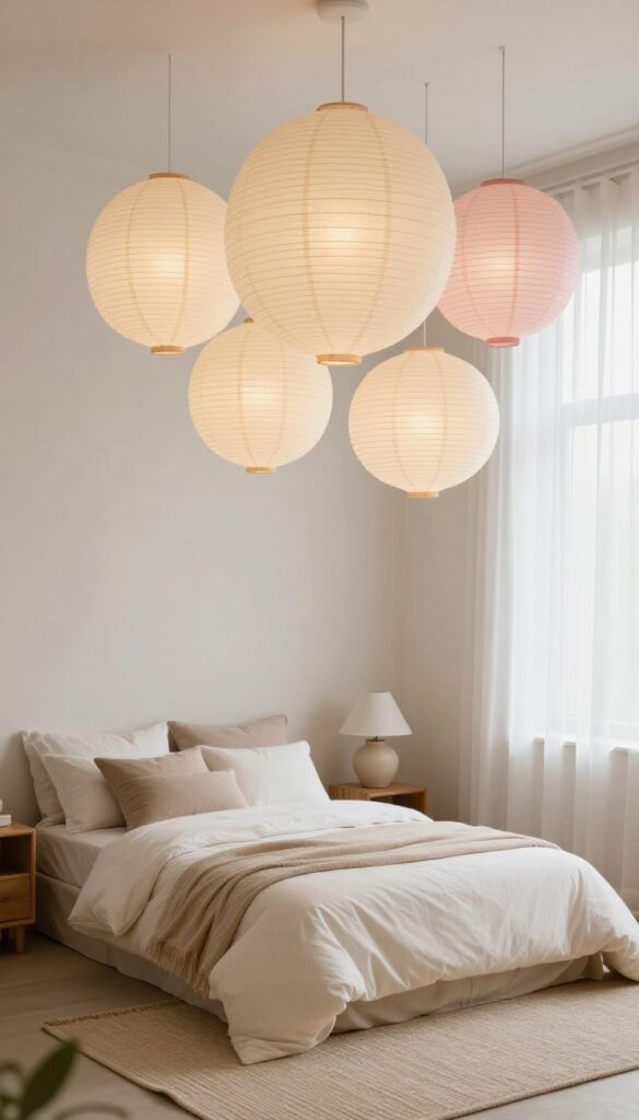 Girls bedroom with soft ambient lighting from hanging paper lanterns in cream and pale pink, creating a cozy dreamy atmosphere.