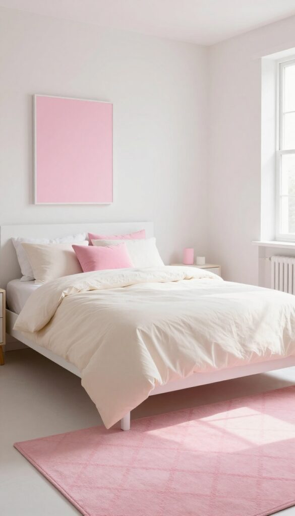 Pink geometric rug under a bed in a bright bedroom with cream bedding and natural light