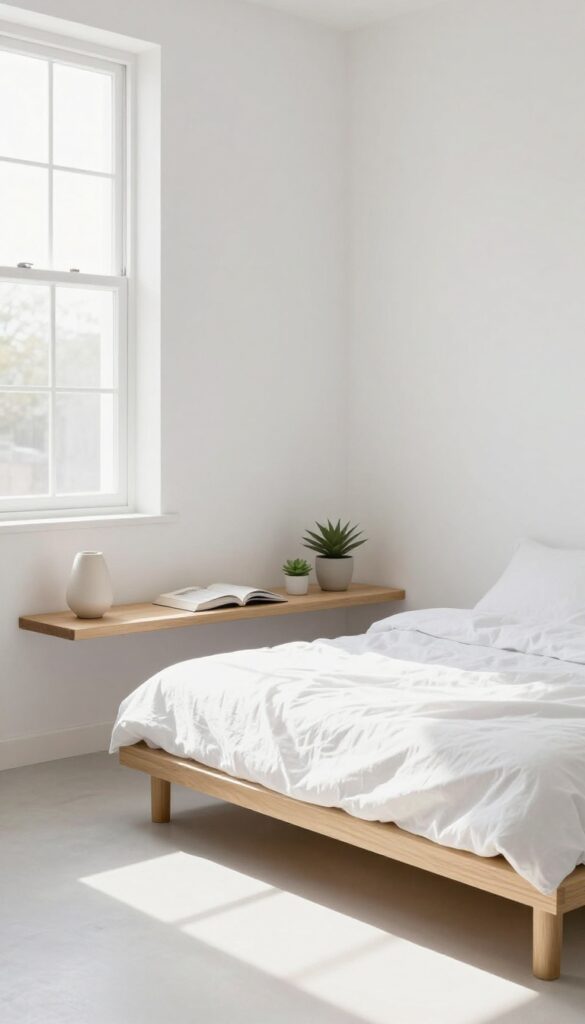 Floating shelf beside bed with lamp, book, and plant, replacing bulky nightstand in small bedroom